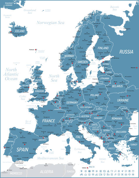 mapa europy z ikonami nawigacji oraz niemcy, belgia, portugalia, hiszpania. ilustracja wektorowa - france denmark stock illustrations