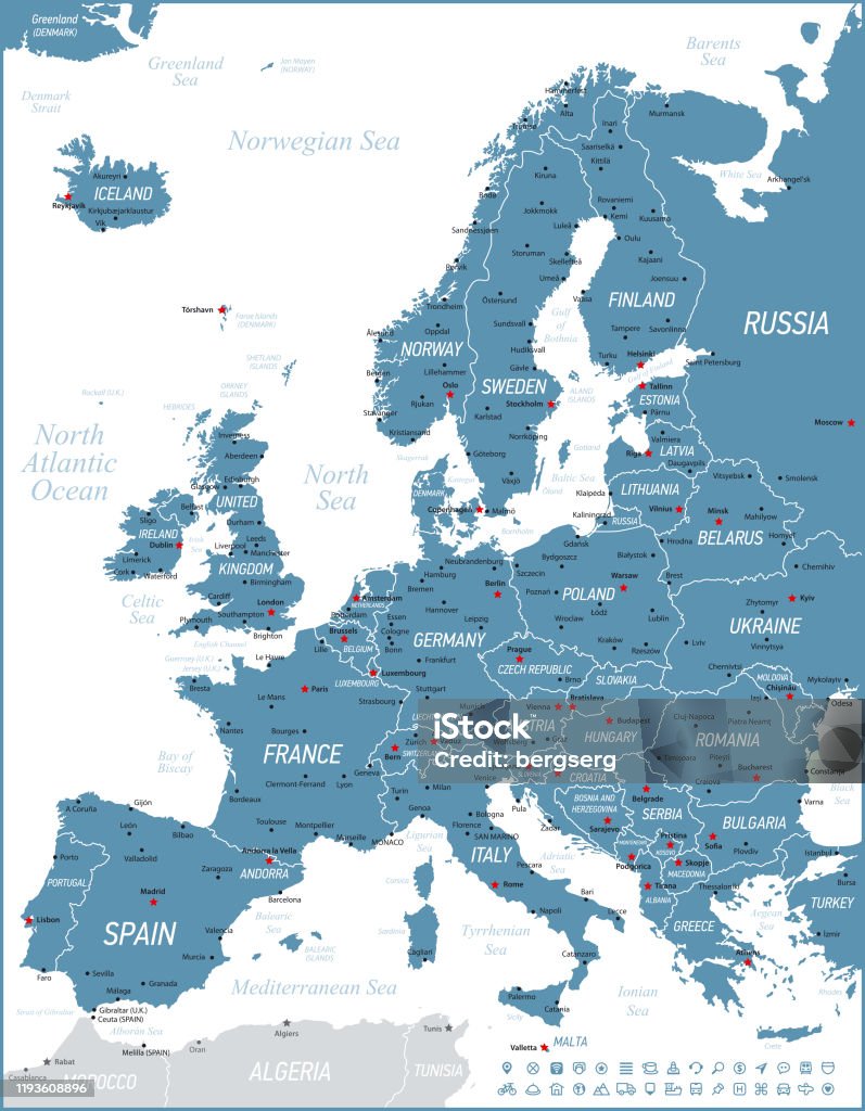 Карта Европы с навигационными иконами и Германия, Бельгия, Португалия, Испания. Иллюстрация вектора - Векторная графика Карта роялти-фри