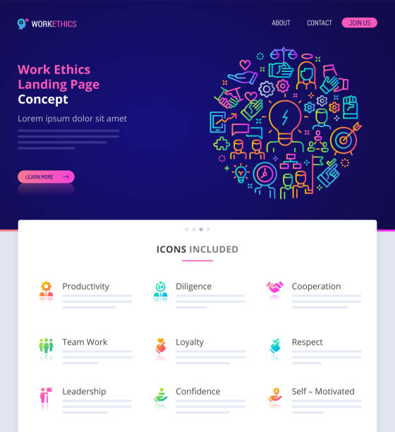 Work Ethics Home Page Design Concept. Website design, logo, header illustration and icons related to work ethics. Landing page graphical user interface. Clean home page template and vector graphic element set.  (EPS10) humility stock illustrations
