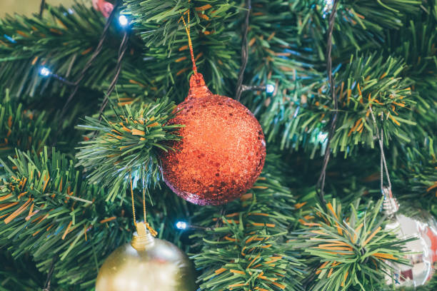 istock Decorated Christmas tree with red ball New Year holidays background 1193614167