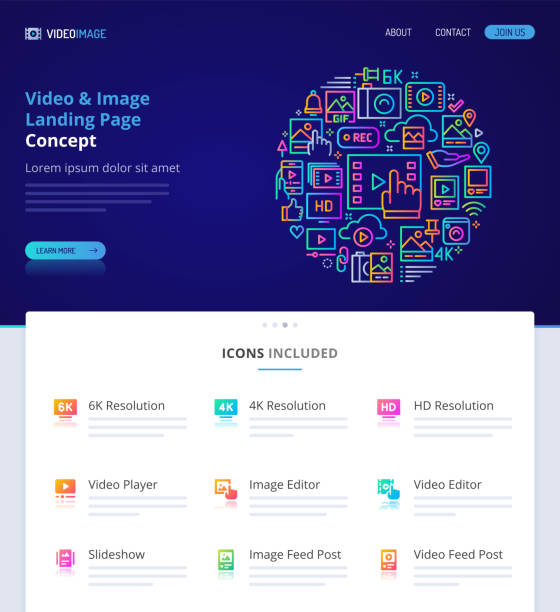 Video & Image Home Page Design Concept. Website design, logo, header illustration and icons related to video & image. Landing page graphical user interface. Clean home page template and vector graphic element set.  (EPS10) landing page photos stock illustrations