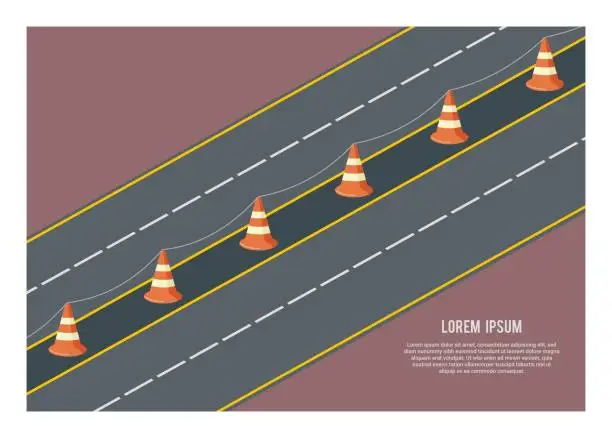 Vector illustration of Asphalt road with safety cone separator