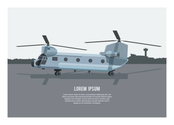 chinook hubschrauber auf einem flughafen. einfache illustration - pilot military air force cockpit stock-grafiken, -clipart, -cartoons und -symbole