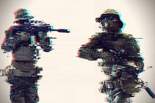 soldier aiming laseer sight optics glitch modern warfare American marines soldier aiming  on laser sight optics  in combat position and searching for target glitch effect gunman photos stock pictures, royalty-free photos & images