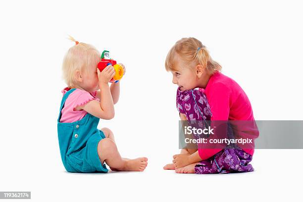 Sister And Toy Camera Stock Photo - Download Image Now - Camera - Photographic Equipment, Casual Clothing, Child
