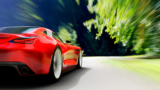 view from rear of fast moving red car, forest road, motion blur,  3D, car of my own design.