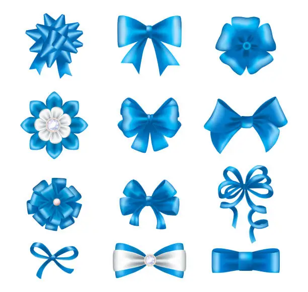 Vector illustration of Blue ribbon bows set. Silk satin gift bows realistic vector