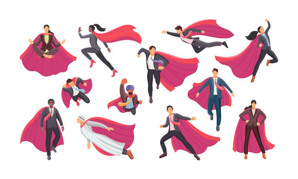 установить бизнесмен и бизнес-леди супергерой действия работает полет. - business super hero stock illustrations