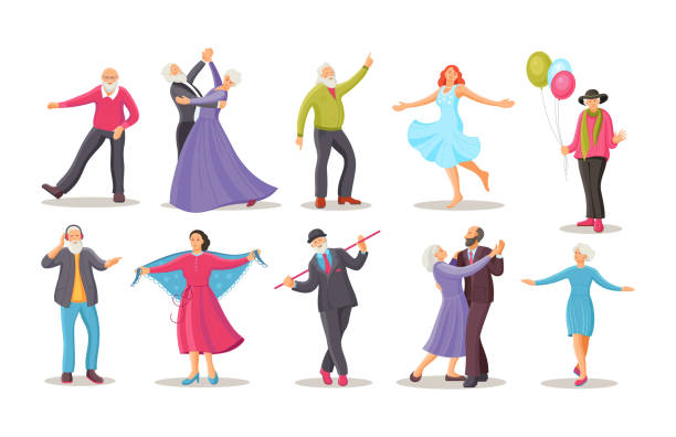 Stylish elderly man and woman senior aged persons dance. Old dancing people. Stylish elderly man and woman senior aged persons dance. Happy active elderly couple on music party together and singly. Dancers grandmother and grandfather cartoon vector old people dancing stock illustrations