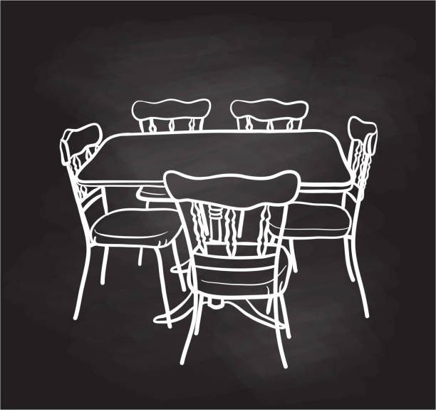 Old Fashioned Table Chalkboard An old fashioned table surrounded by five chairs. single dining chair stock illustrations