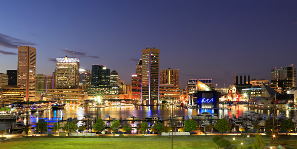 View of the Baltimore Inner Harbor and skyline during dusk from Federal Hill, USA