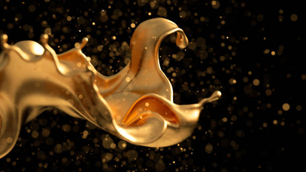 Elegant, luxury splash of gold liquid. 3d illustration, 3d rendering. stock photo