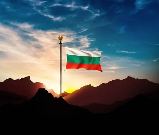 Waving Bulgaria flag on the mountain in sun light