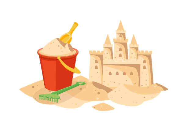 illustrations, cliparts, dessins animés et icônes de château de sable de plage de dessin animé et seau en plastique rouge rempli de sable - sandcastle