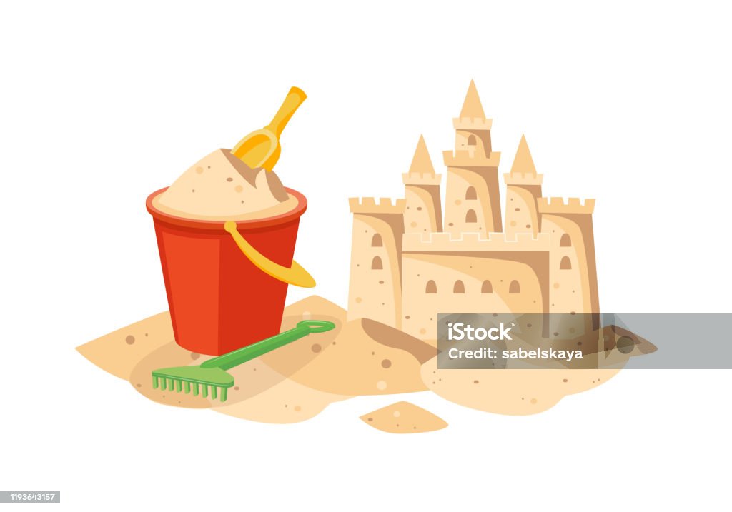 Cartoon Beach Sandcastle And Red Plastic Bucket Filled With Sand Stock  Illustration - Download Image Now - iStock