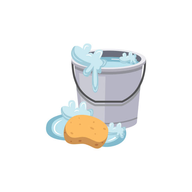 Bucket with foam and a splash of water, a puddle and a sponge. Metal bucket of water, household equipment with a handle. Bucket with foam and a splash of water, a puddle and a sponge, isolated vector cartoon illustration. bucket and sponge stock illustrations