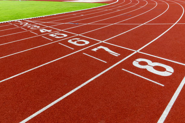 istock Red treadmill at the stadium with the white numbering 1193643193