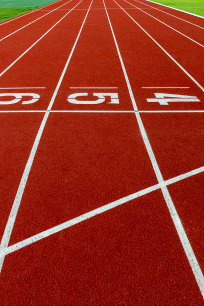 istock Red treadmill at the stadium with the white numbering 1193643292
