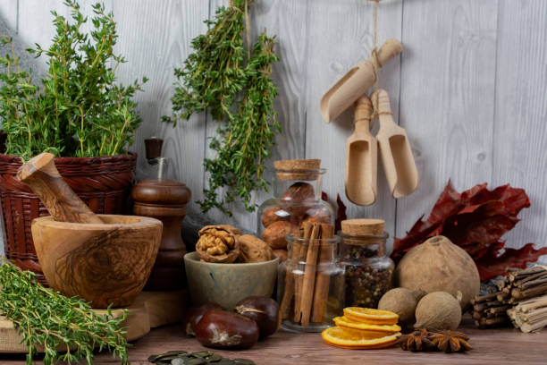 istock Winter autumn  different ingredients for a warming hot tea  white wood background, copy space, top view 1193644830