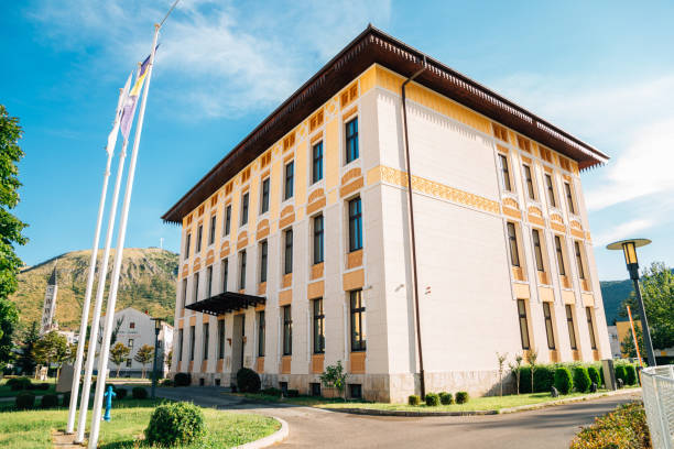 Gradska Vijecnica Mostar city hall in Mostar, Bosnia and Herzegovina Mostar, Bosnia and Herzegovina - July 8, 2019 : Gradska Vijecnica Mostar city hall mostar stock pictures, royalty-free photos & images