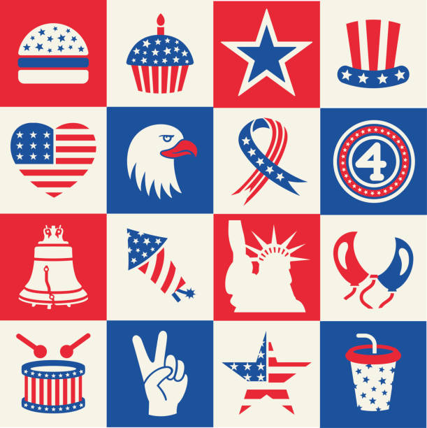 Fourth of July square icons set American independence day vector icons on a grid fourth of july illustrations stock illustrations