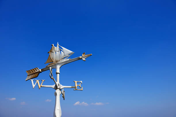 Sailboat weather vane against clear sky with copy space.
