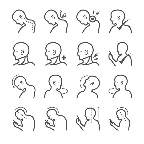 Textneck Syndrome Text neck syndrome and exercise vector icons human neck illustrations stock illustrations