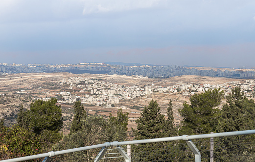 Jerusalem, Israel, December 07, 2019 : View from the roof of a mosque standing on the tomb of the prophet Samuel on Mount Joy, on the nearby areas of Jerusalem