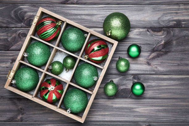 istock Christmas baubles in box on wooden table 1193669215