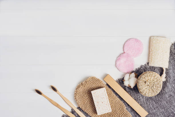 istock Zero waste body care or bath products on white background. Top view or flat lay 1193673324
