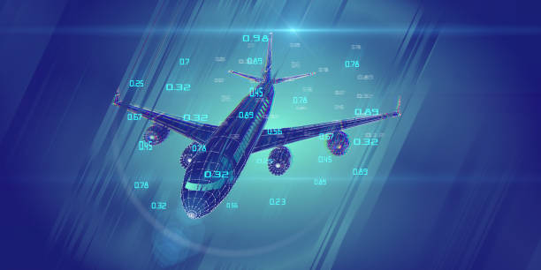 istock Abstract airplane constructed from lines. Outline wireframe analytical concept. Travel, tourism, transport. Aircraft 3d illustration with data. 1193676625