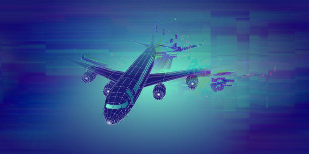 istock Abstract airplane background from lines and glitch. Outline wireframe analytical concept. Travel, tourism, transport. Aircraft 3d illustration. 1193676626