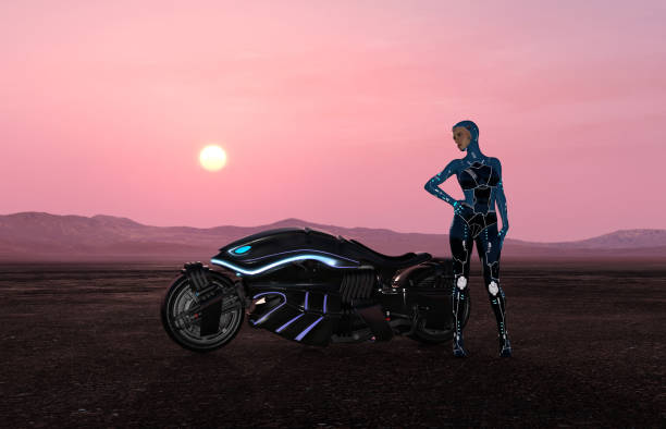 futurystyczna dziewczyna rowerzysty sci fi z motocyklem na pustyni - beautiful body zdjęcia i obrazy z banku zdjęć