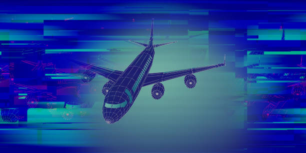 istock Abstract airplane constructed from lines and glitch. Outline wireframe analytical concept. Travel, tourism, transport. Aircraft 3d illustration. 1193676909