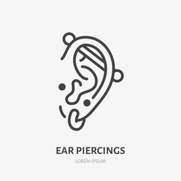 Ear piercing line icon, vector pictogram of face jewelry. Piercing studio logo, linear illustration Ear piercing line icon, vector pictogram of face jewelry. Piercing studio logo, linear illustration. cartilage piercings stock illustrations
