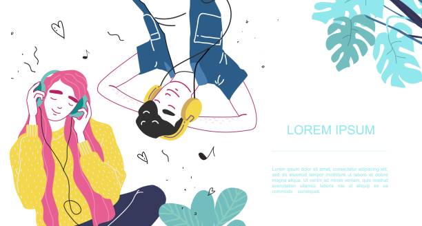Lovers boy and girl listen to music on headphones Lovers boy and girl listen to music on headphones. Couple in a relationship in love. Banner with place for text in modern style family designs stock illustrations