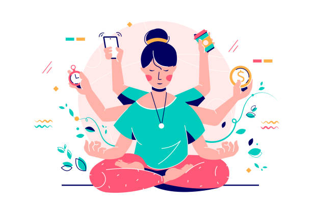 Young smiling woman multi-tasking using modern device and time. Young smiling woman multi-tasking using modern device and time. Happy relaxing girl character engaged in task management. Vector illustration. versatility stock illustrations