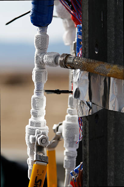 Frozen Fuel Line on Liquid Rocket Motor stock photo