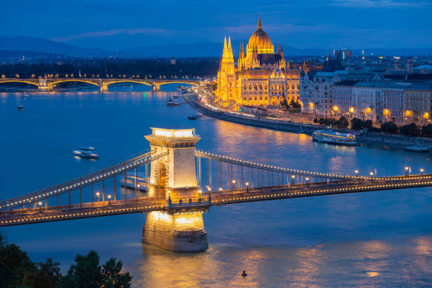 istock Sunset Budapest along Danube with Chain Bridge and Parliament Building 1193680162