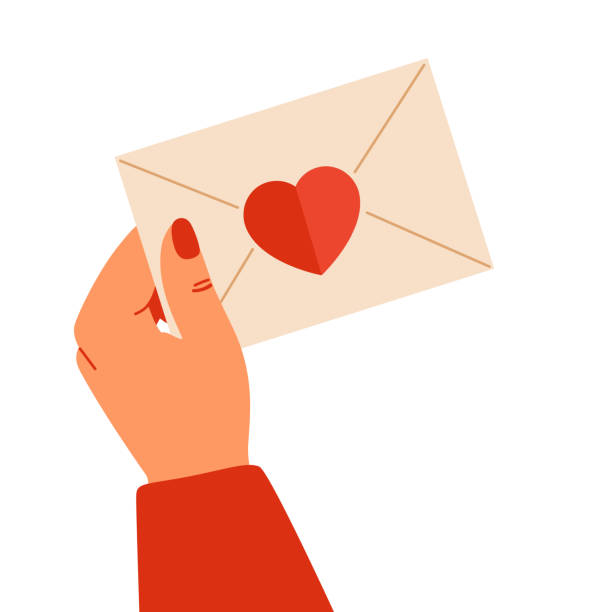 Human hand holding closed paper envelope with red heart decoration. Human hand holding closed paper envelope with red heart decoration. Vector illustration for Valentine's day hand holding gift stock illustrations