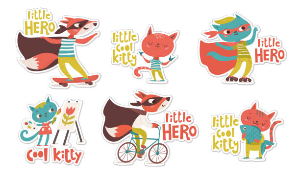 Bекторная иллюстрация Маленькие наклейки героя с лисами и кошками и надписями.
