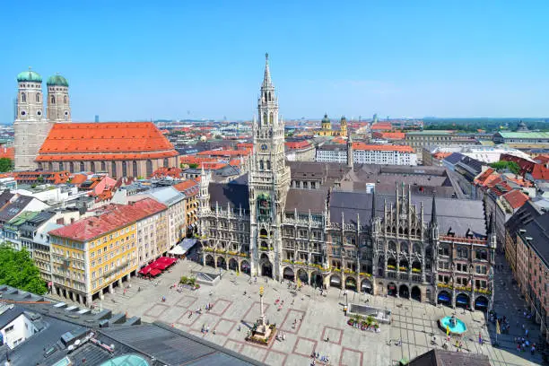 Aerial panoramic view of Marienplatz square in the city centre of Munich, Germany