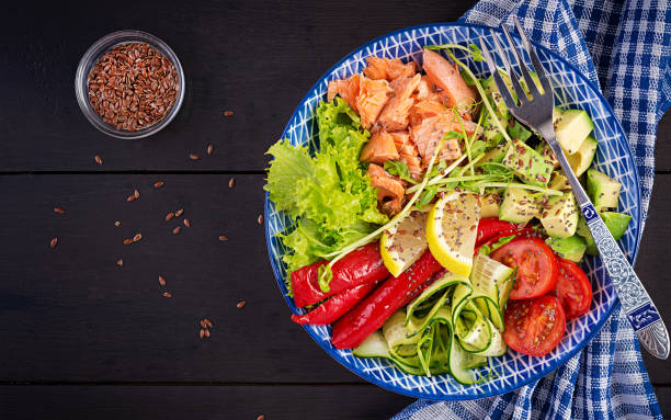 Healthy grilled salmon, avocado, tomato, cucumber, paprika and chia seeds. Balanced lunch in blue bowl. Buddha bowl. Top view, flat lay