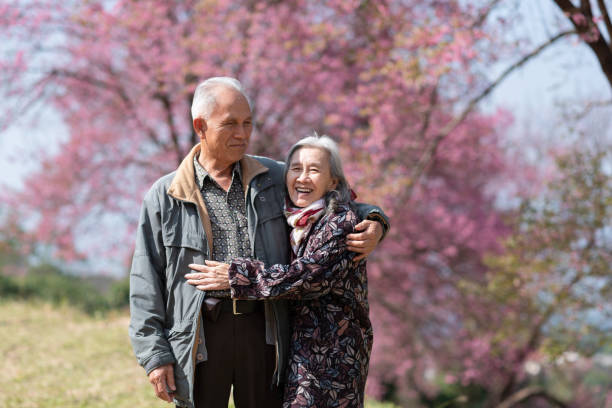 vieux couple heureux souriant dans un couple park.mature avec la fleur de cerisier sakura tree.seniors famille d'amoureux et concept de soins de santé. - cherry blossom sakura cherry tree tree photos et images de collection