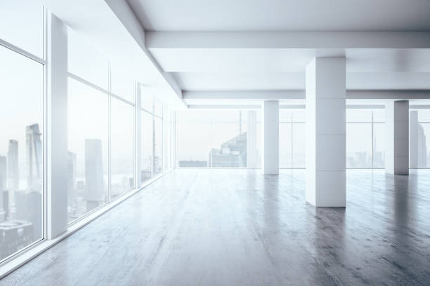 istock Empty office interior with big windows and city view, real estate concept. 3D Rendering 1193690314