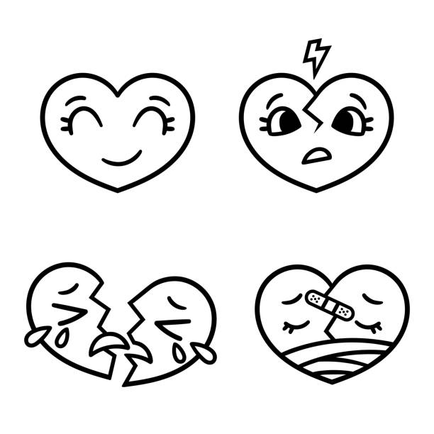 симпатичные мультфильм смайлик сердца набор, счастливый, печальный, сломанной. - bandage heart shape pain love stock illustrations