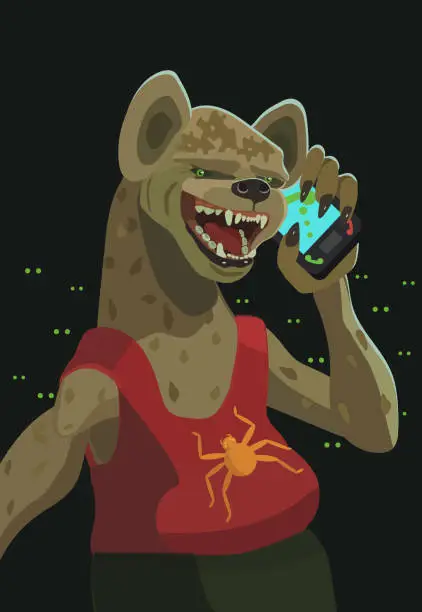 Vector illustration of Hyena dog calls on mobile phone