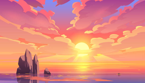Sunset or sunrise in ocean, nature landscape Sunset or sunrise in ocean, nature landscape background, pink clouds flying in sky to shining sun above sea with rocks sticking up of water surface. Evening or morning view Cartoon vector illustration sunset illustrations stock illustrations