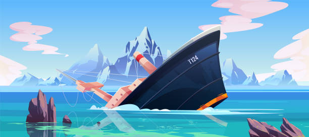 Shipwreck accident, ship run aground sink in ocean Shipwreck accident, ship run aground sinking in ocean, vessel going under water surface on seascape background with rocks, mountains and cloudy sky, marine transport crash. Cartoon vector illustration sunken stock illustrations