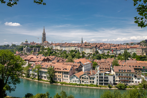 Panoramic view of the Old Town of Bern between maple tree in Switzerland